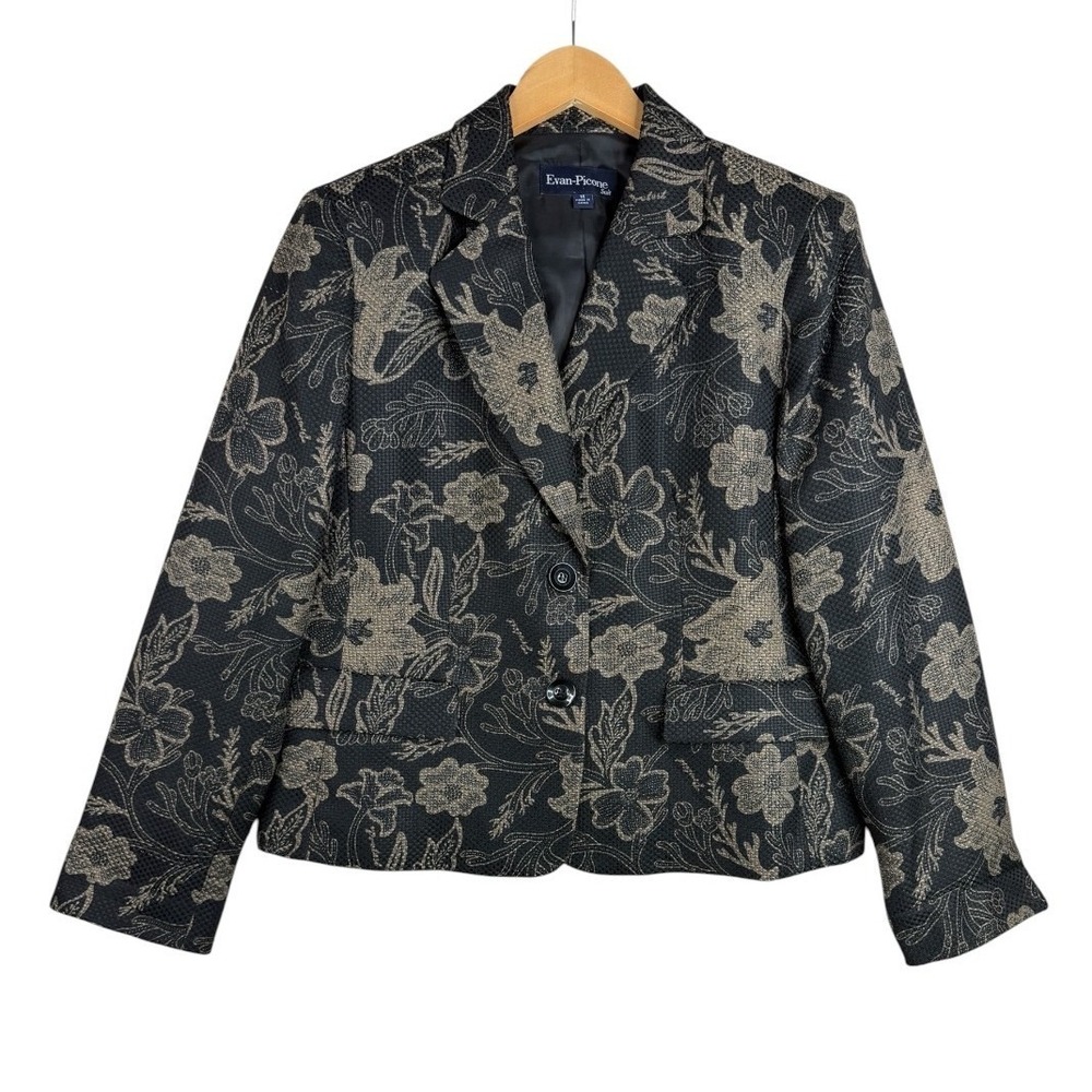 Evan-Picone Floral Botanical Jacquard Blazer size 14 Dark Charcoal/ Sage Green